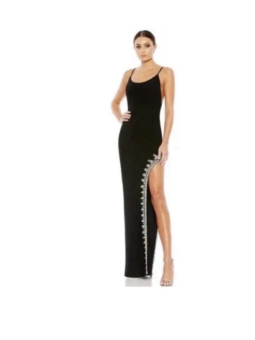 Mac Duggal Black Crystal-Embellished Side-Slit Gown